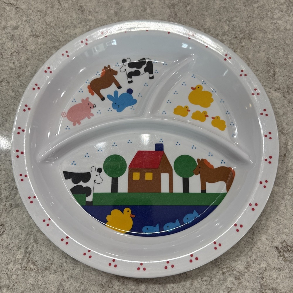 Vintage Melamine Kids Divided Plate Farm Animal Duck Horse Cow Pig Fish 10 Inch